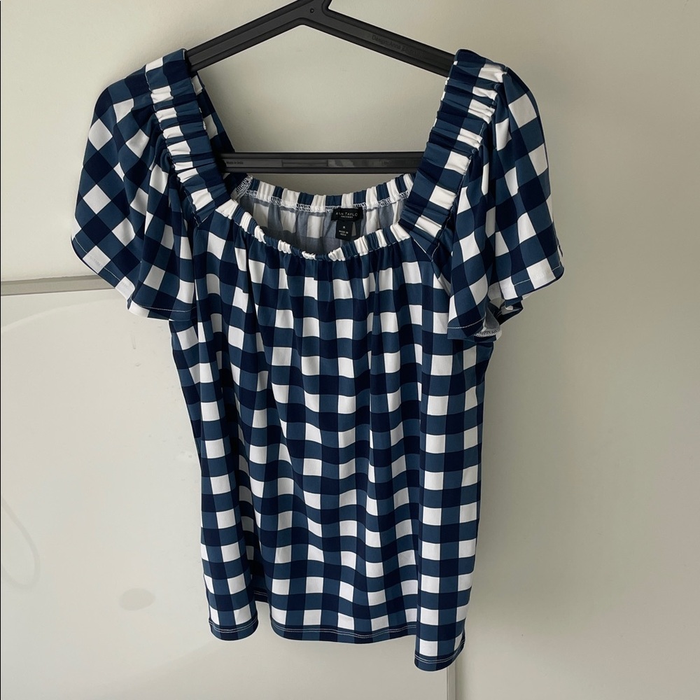 Ann Taylor Navy and White Gingham Square-Neck Blouse